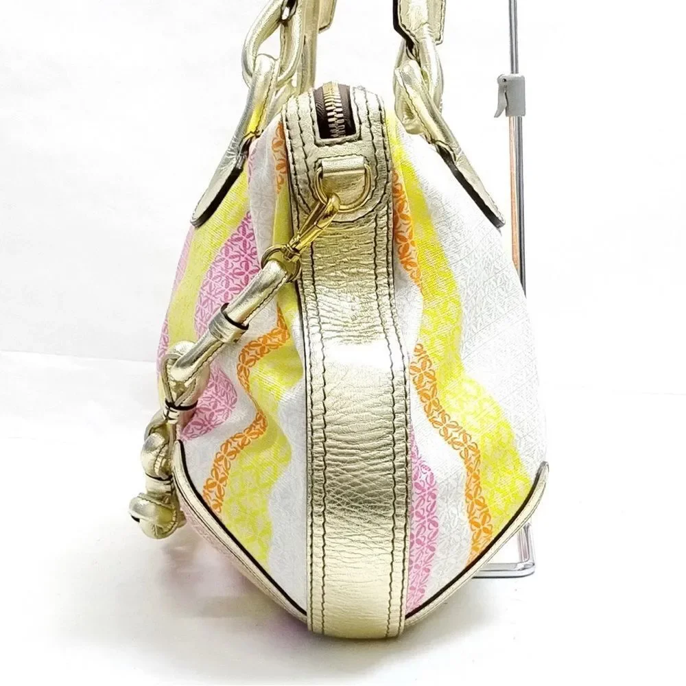 Auth LOEWE Multicolor Anagram Striped Canvas Gold Leather 2way Fiesta Satchel